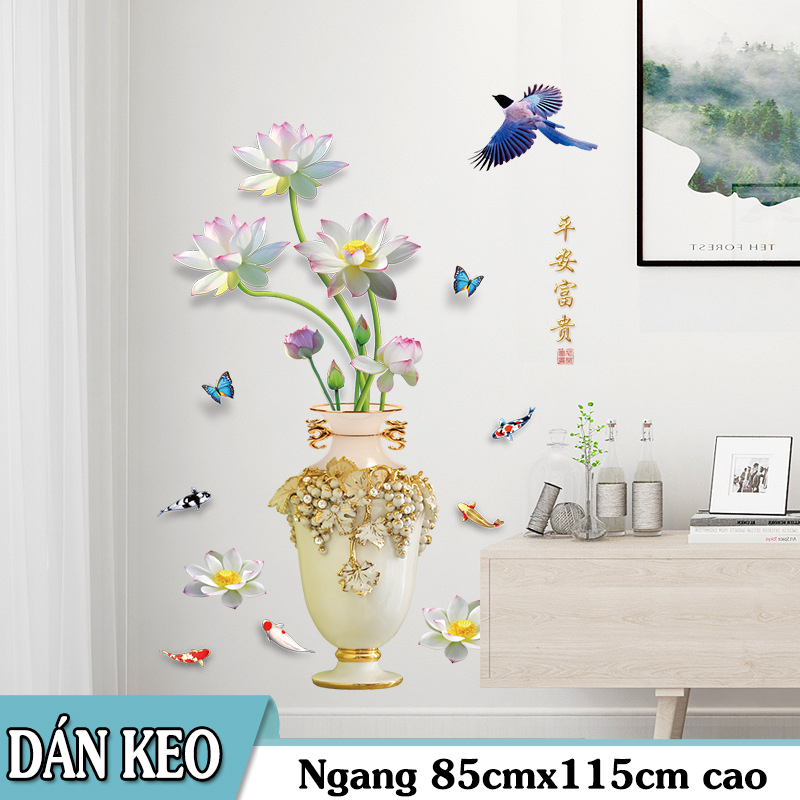 Decal trang trí dán tường bình hoa sen cá