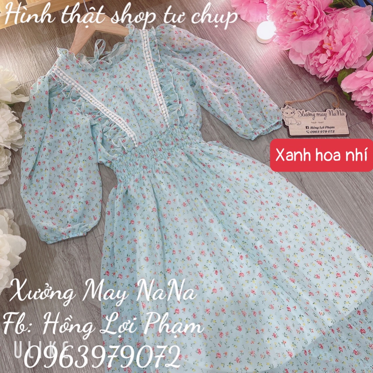 Đầm hoa nhí viền ren 2 bèo (hình thật+video)