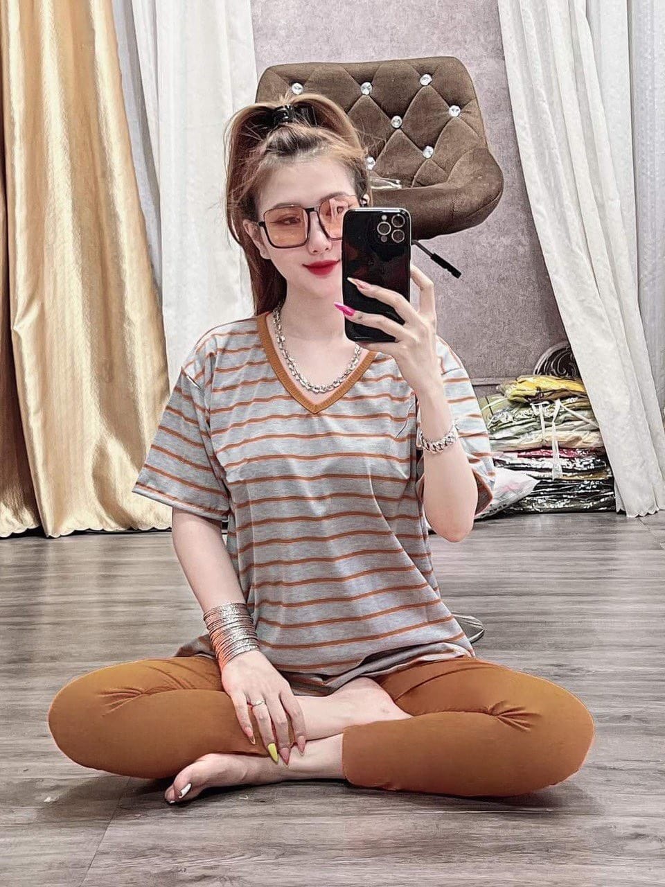 Set Bộ Cotton Cổ Tim Sọc Thời Trang- Y Hình