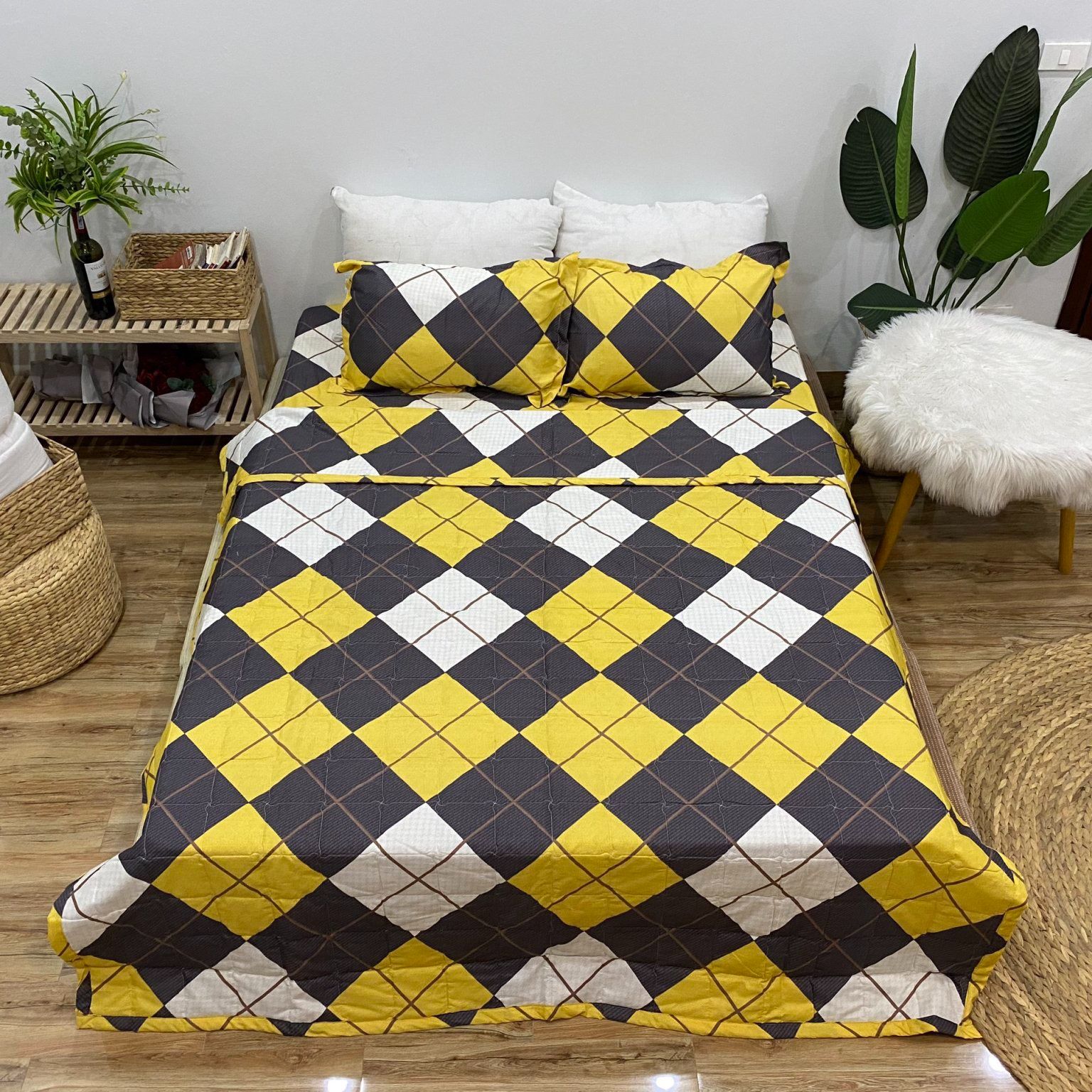 Bộ Chăn Ga Gối Cotton Poly - Kẻ Vàng ( 3 Món , 4 Món , 5 Món ) Tiệm Nhà Cá