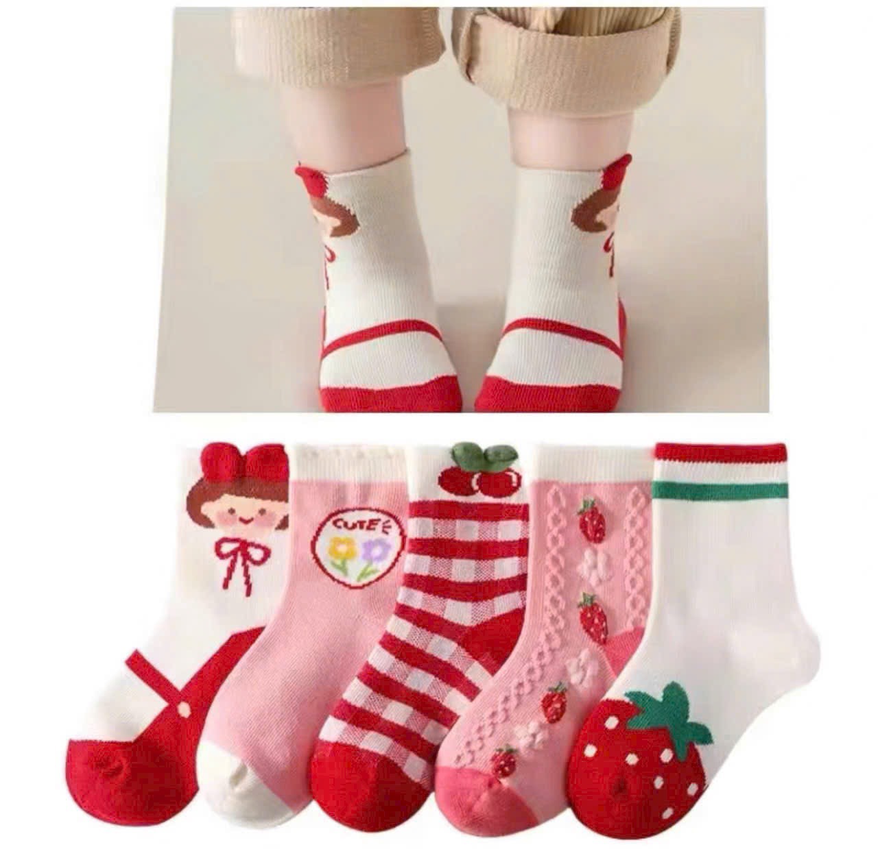 sét 5 đôi tất, vớ cho bé gái dâu đỏ dễ thương