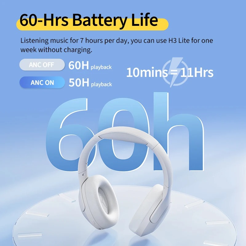 QCY H3 Lite ANC Wireless Headphones Bluetooth 5.3 Active Noise Cancelling Over Ear Headset 40mm Driver HiFi Sound Earphones