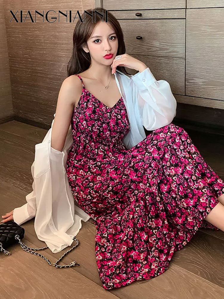 Xiang Nian Ni Floral Sling Dress for Women Korean Style New Fashion Sling Dress Beach Maxi Dress