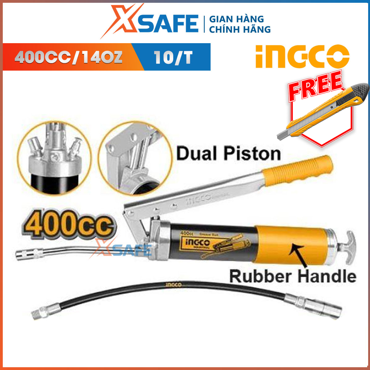 Gun grease pump ingco GRG015002 handle easy to create thrust. Gun pump hand made from high grade material, bearing strong, part black paint anti-rust superior-distribution genuine xsafe