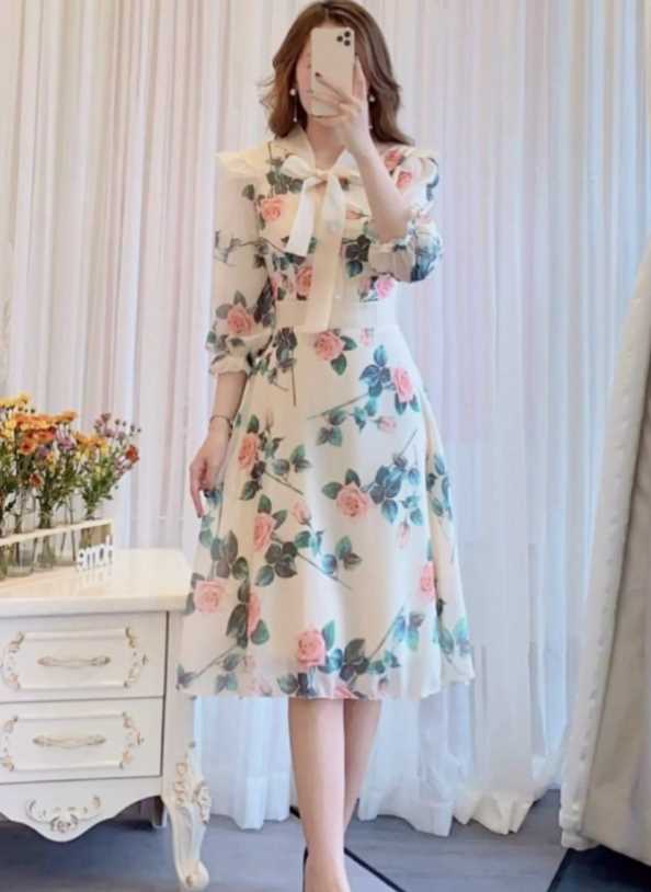 [HCM] Đầm hoa tay lỡ cổ cột nơ
