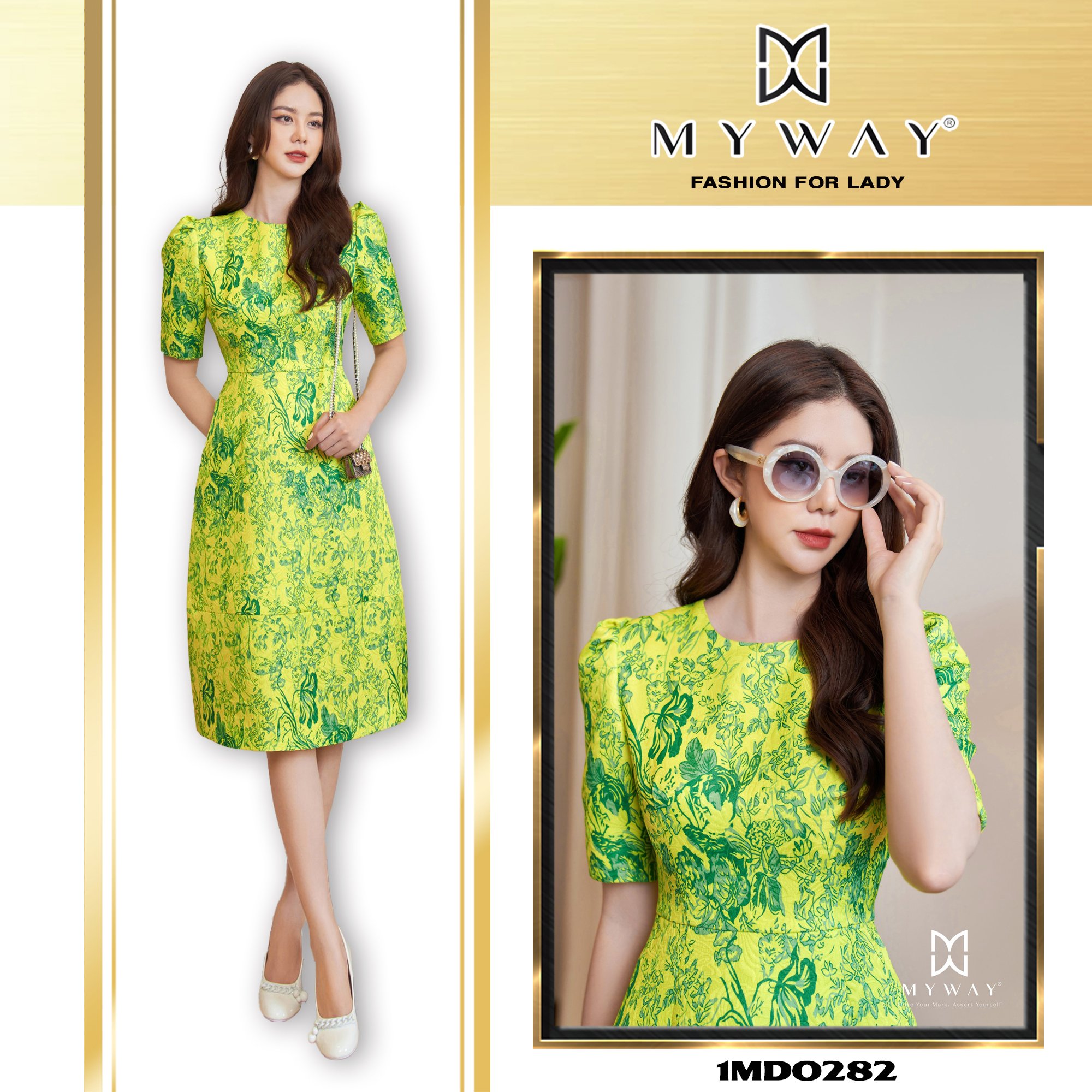 Đầm xòe my way chữ a họa tiết lemon green sang trọng cao cấp 1md0282