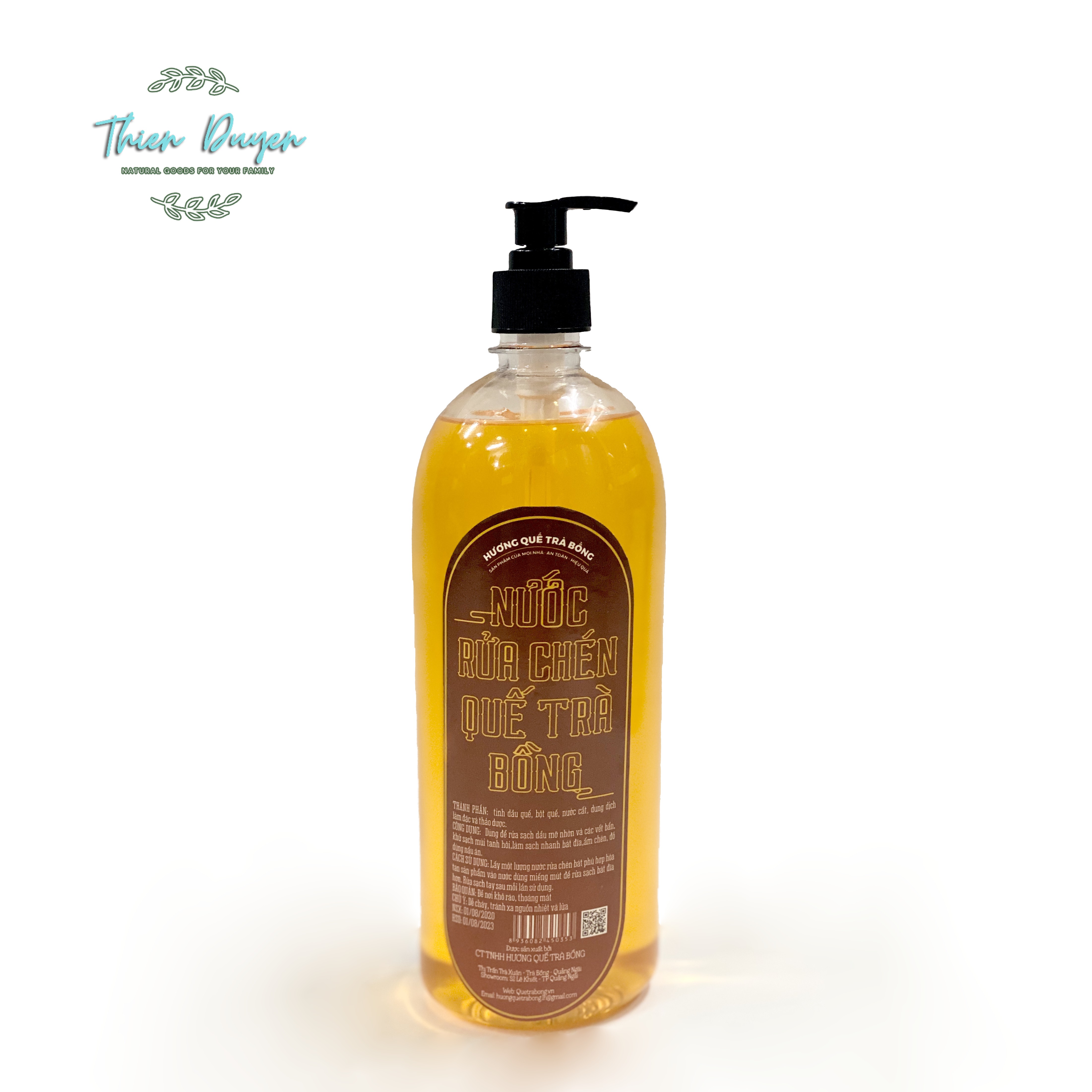 Nước rửa chén bát Hương Quế Trà Bồng 1000ml, không chất tẩy rửa, không kích ứng da tay, an toàn cho sức khỏe