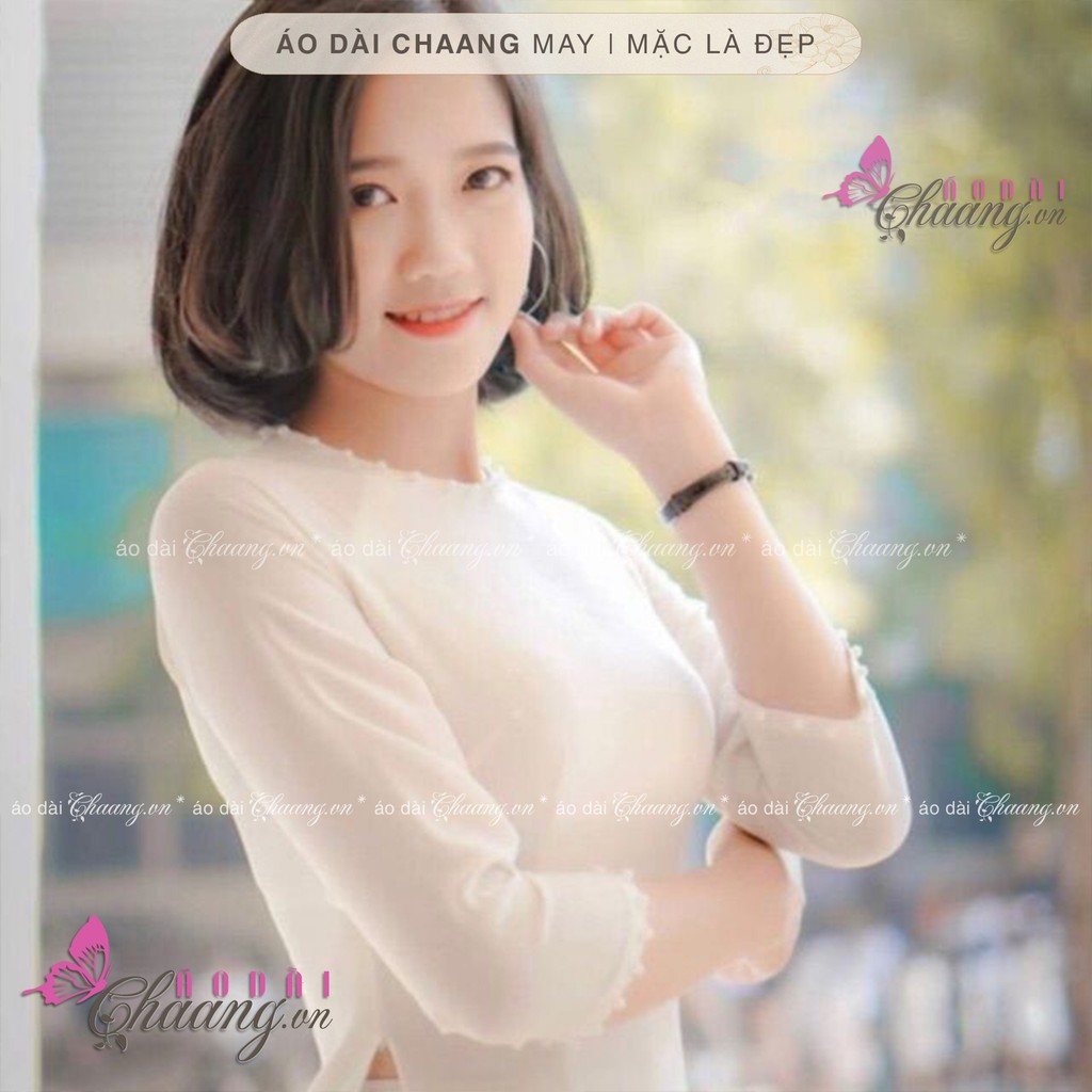 Áo dài trắng cổ tròn ??CHAANG?? Áo dài đẹp đính đá ngọc cổ tay, vải lụa Mỹ cao cấp