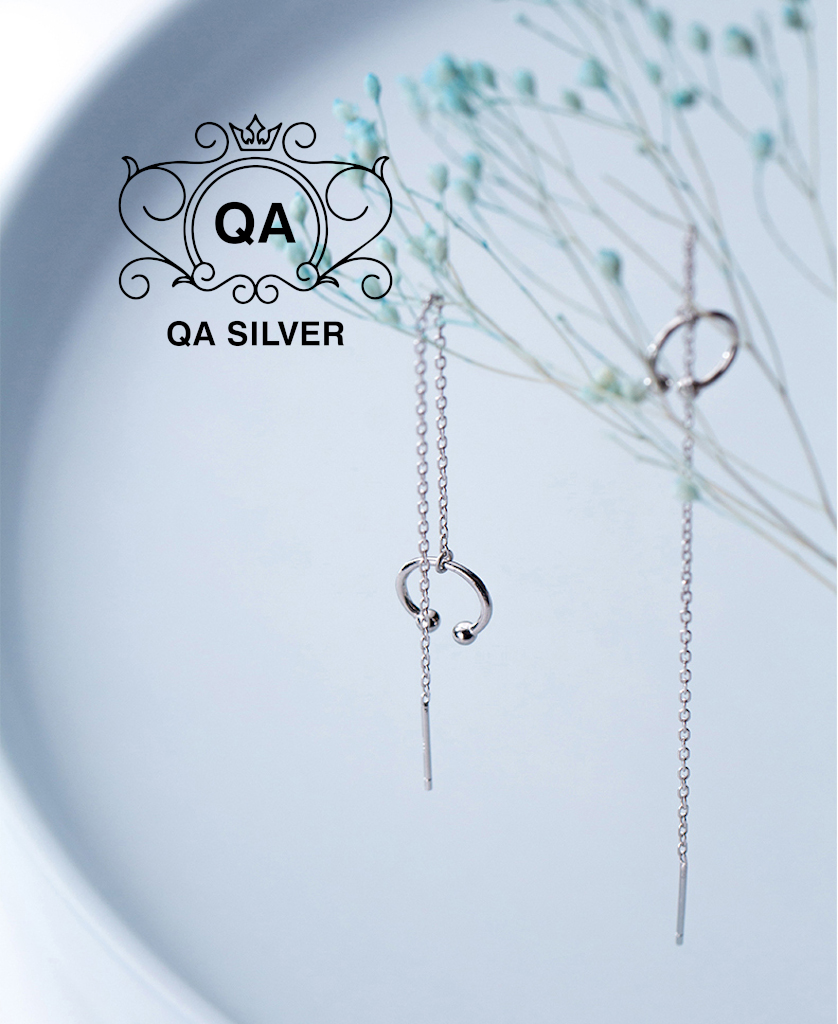 Khuyên tai bạc kẹp vành chữ C bi phối dây xích bông tai dài S925 EARCUFF QA Silver Earrings EA190502