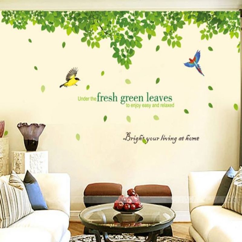 Decal dán tường tán lá xanh và đôi chim