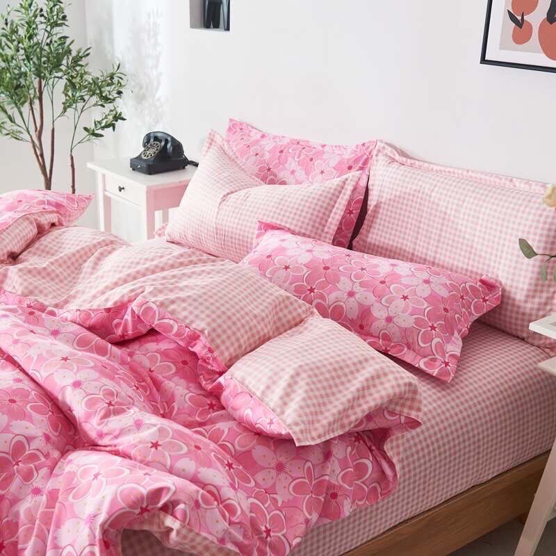 Bộ chăn ga gối phong cách Hàn Quốc hoa anh đào hồng sang trọng bo chun đủ kích thước