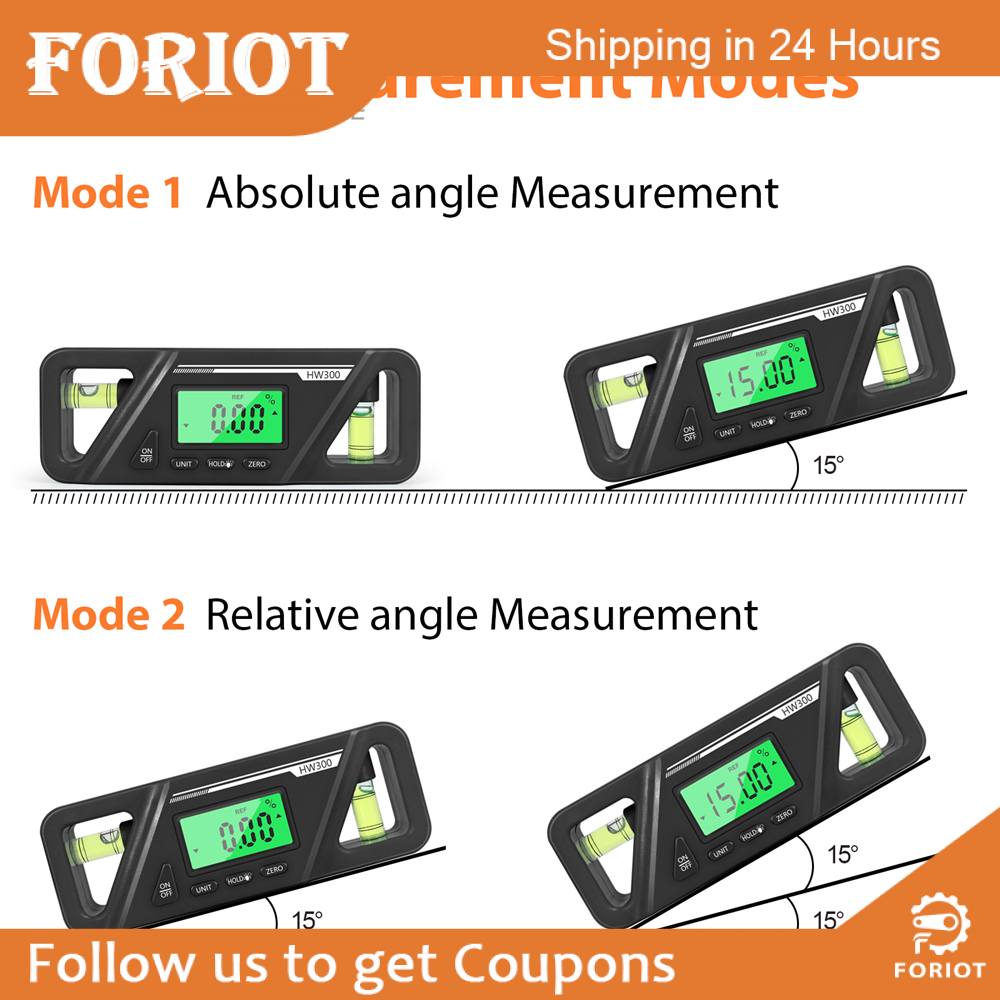 Foriot HW-300 90 Degree Ruler Digital Display Inclinometer Level Meter Protractor Angle Meter Digital Protractor Inclinometer Level Meter Goniometer Measuring Inclinometer Magnet