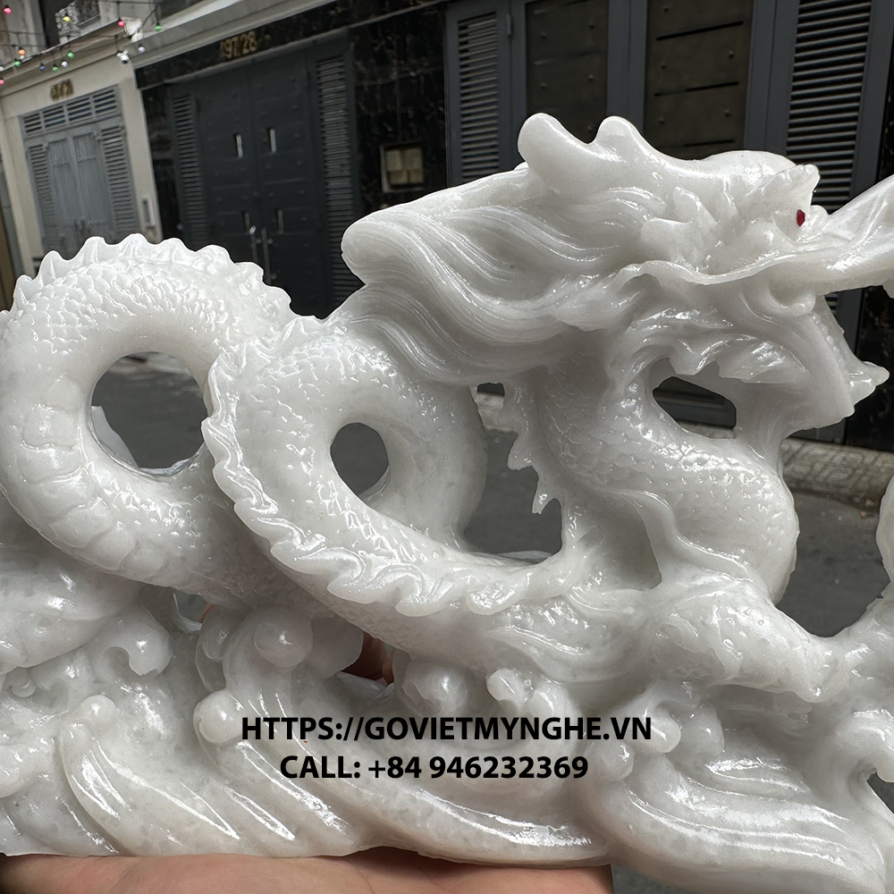 Feng Shui display dragon statue-peacock feather white ice-26cm long