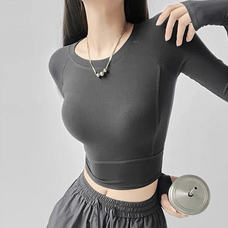 Áo croptop tay dài cổ tròn nữ basic ôm body