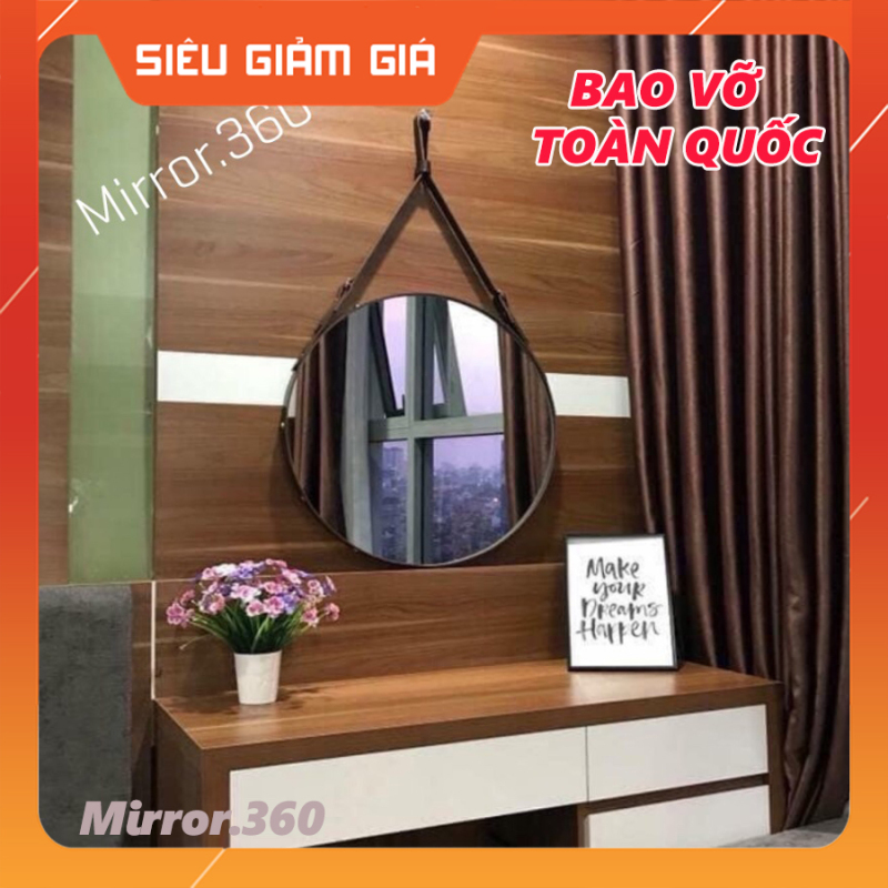 (Size 40cm) Gương Tròn Treo Tường Viền Da Simili (Màu Nâu Sậm)