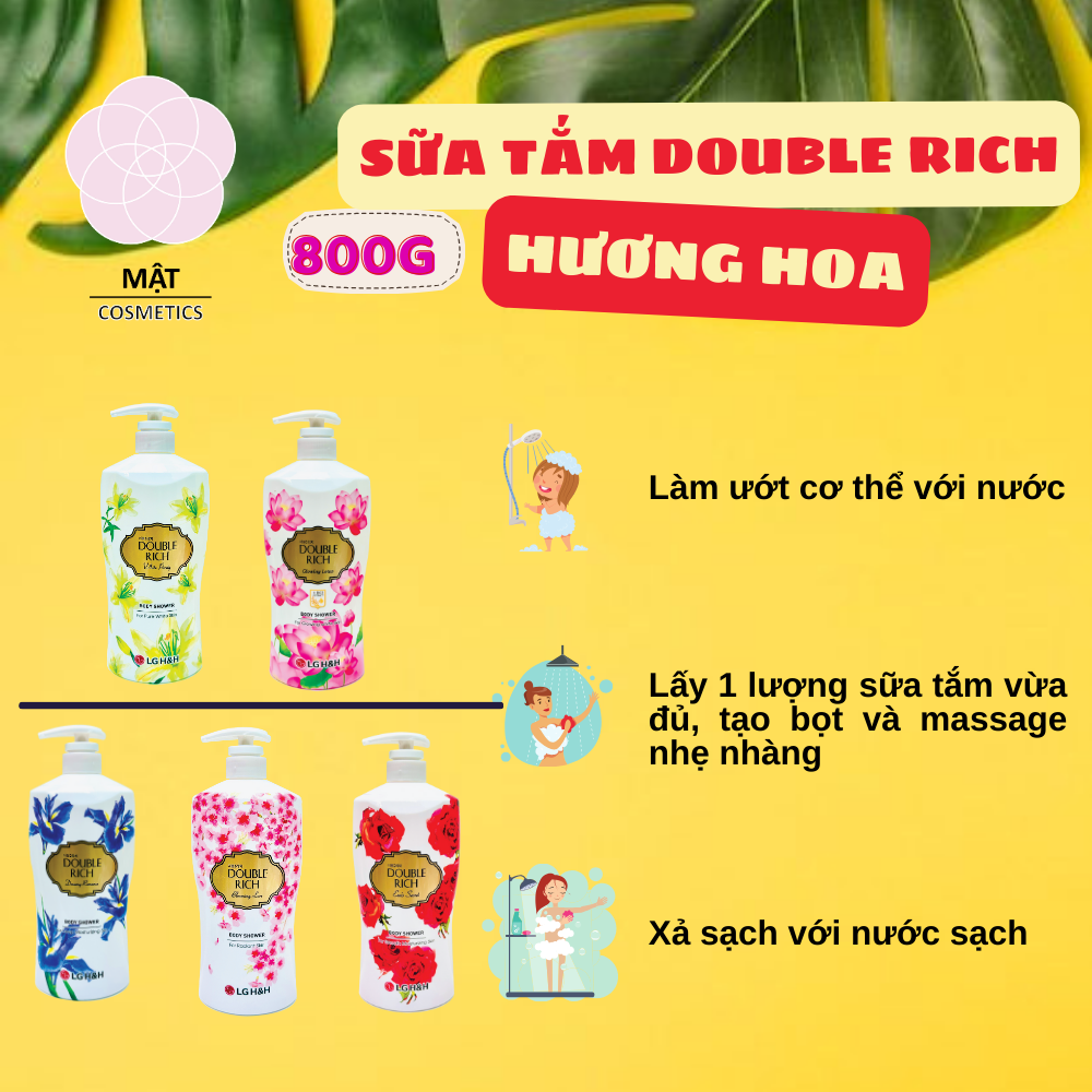 Sữa tắm hương hoa Double Rich Hoa Iris - Hoa Hồng - Hoa Lily - Hoa Anh Đào - Hoa Sen 800g
