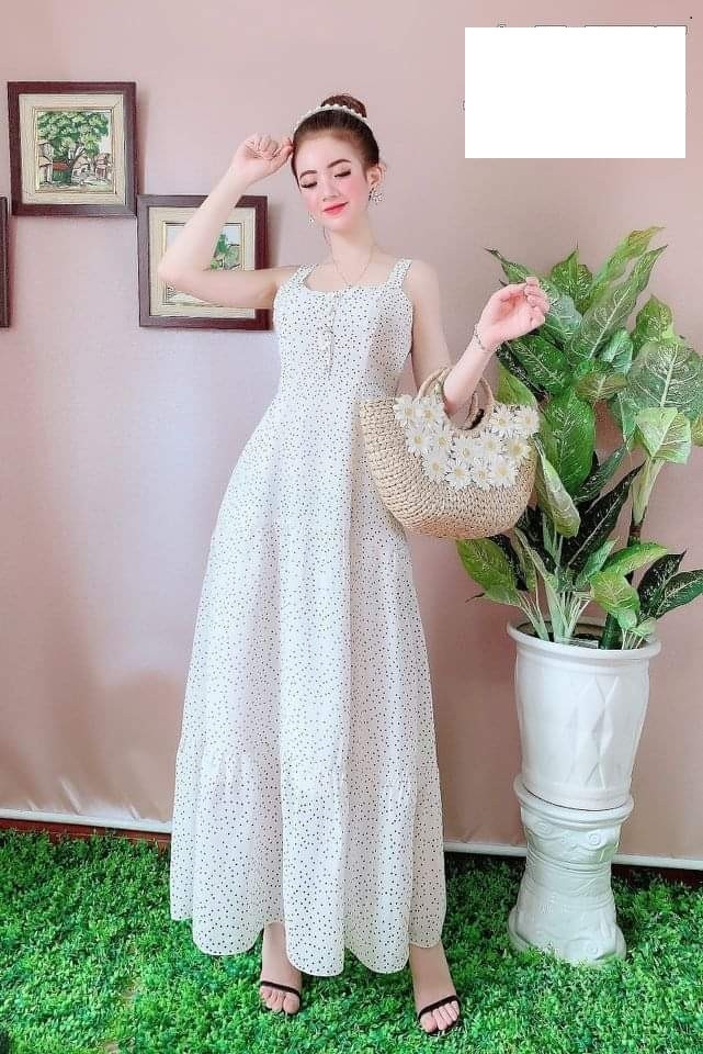 Đầm maxi chấm bi hai dây kết nút nhiều màu