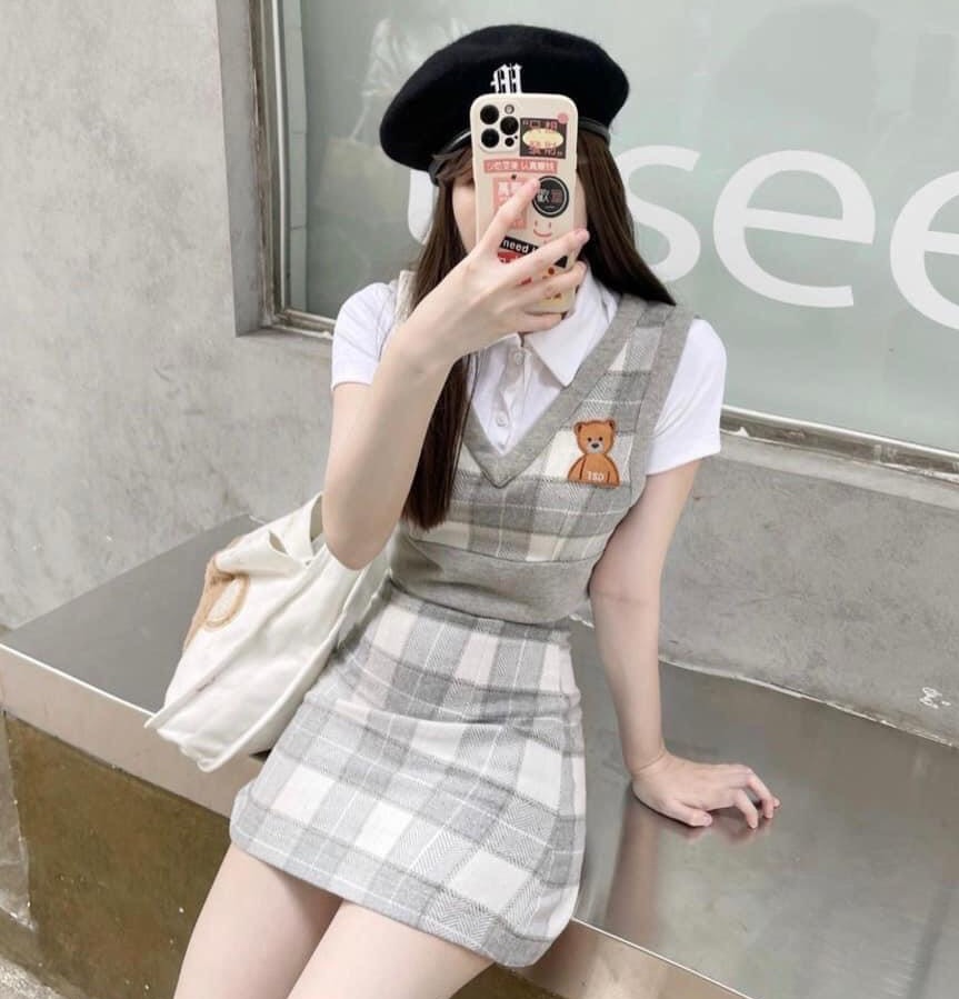 Set áo 3 món xinh xắn , áo polo kèm áo gile mix chân váy chữ A AD99