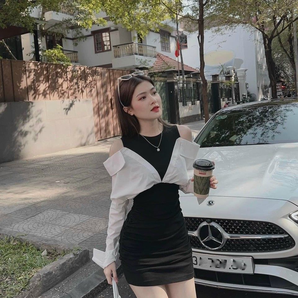 Đầm body thun gân phối áo lụa phong cách cá tính mới mẻ