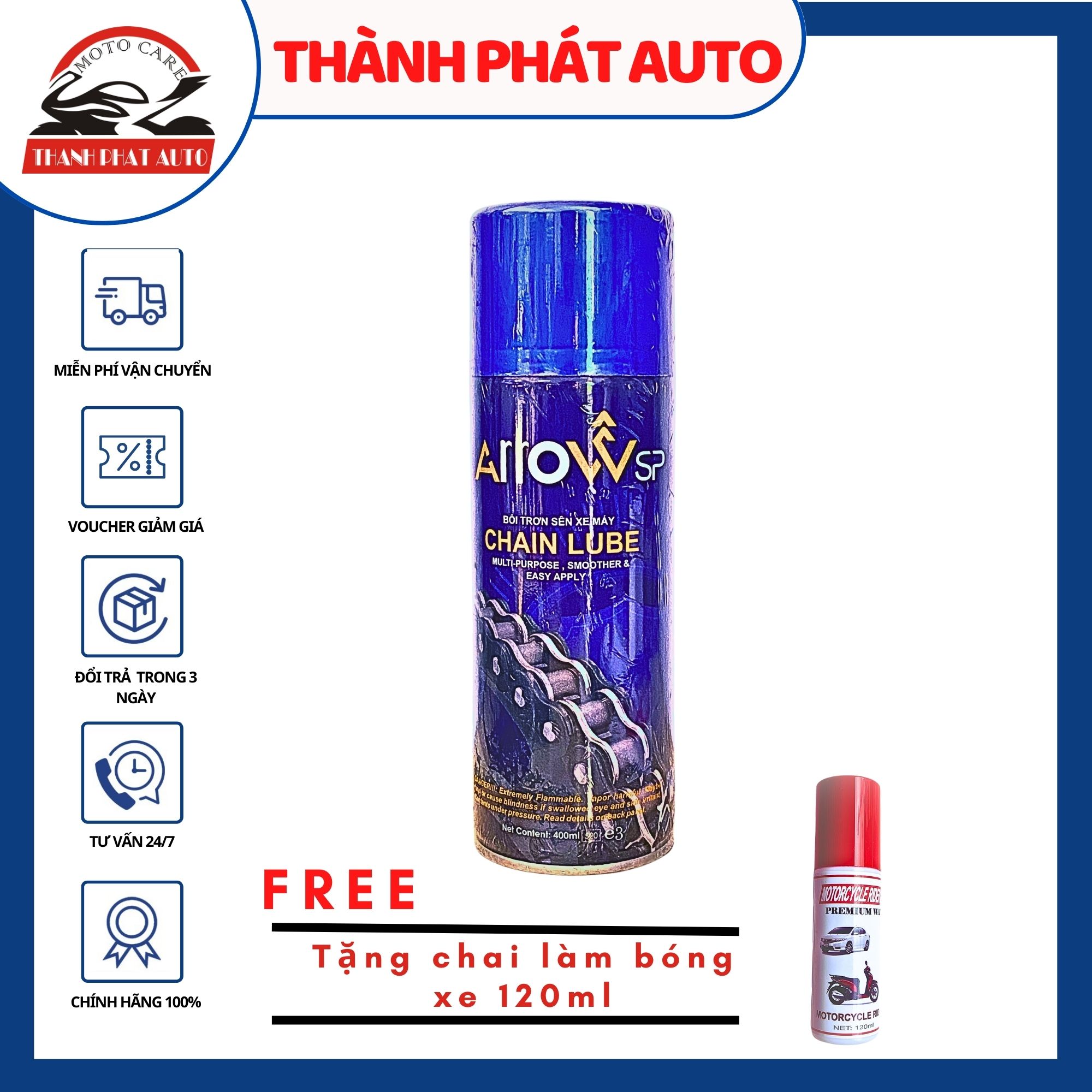 [HCM]CHAI XỊT BÔI TRƠN SÊN XE MÁY ARROW CHAIN LUBE 400ML TẶNG WAS DƯỠNG BÓNG 120ML