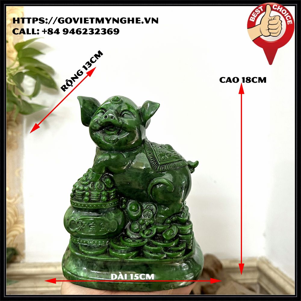 Tượng đá con Heo tượng đá trang trí phong thủy bàn làm việc cho tuổi Hợi - Chiều cao 18cm - Xanh lục bích