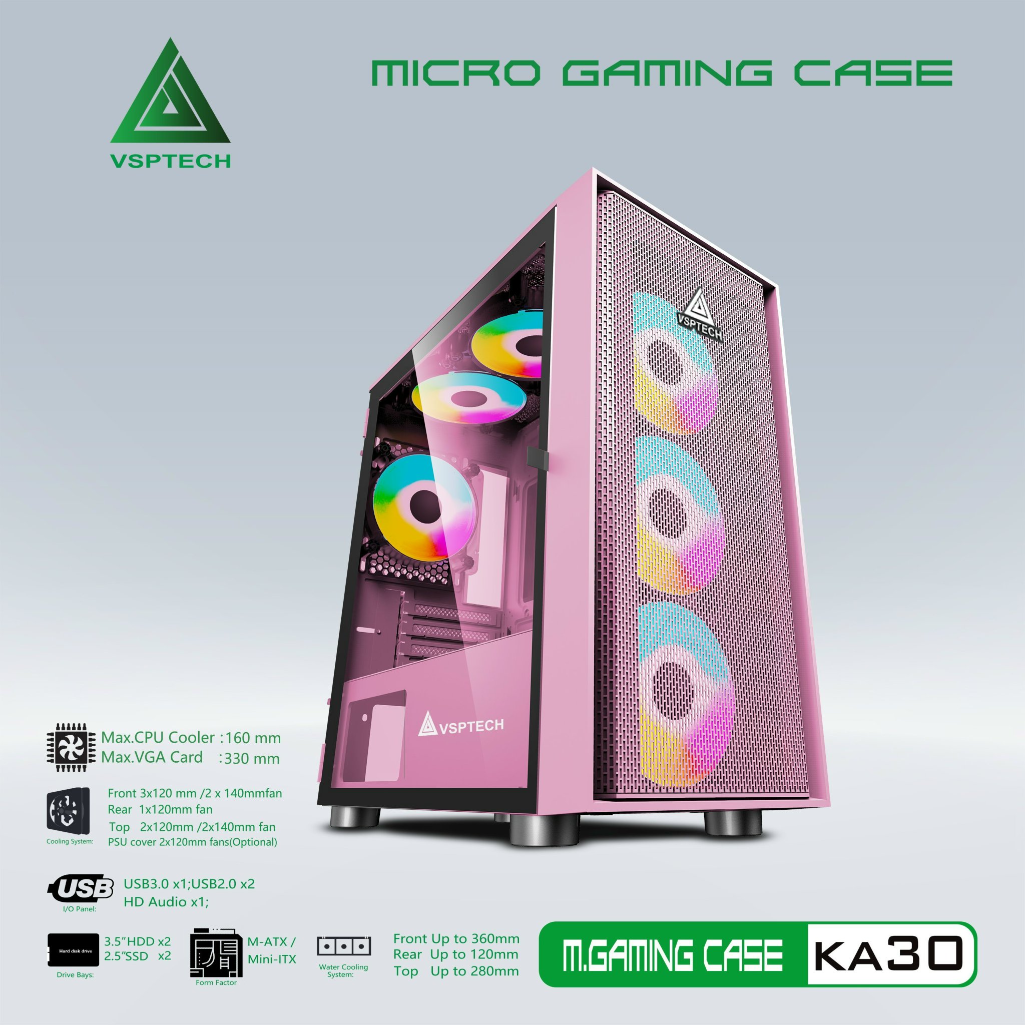 Case Gaming VSP KA30 Mini Tower (Màu Đen-Trắng-Hồng- Xanh)