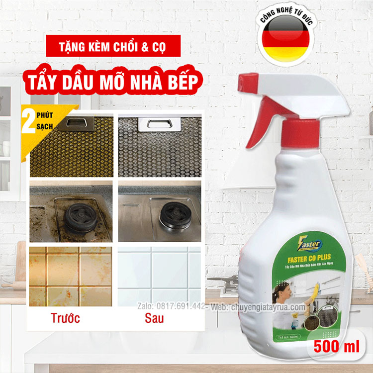 (CỰC MẠNH) Nước Tẩy Dầu Mỡ Nhà Bếp Đa Năng, Lau Bếp Gas, Vệ Sinh Máy Hút Mùi Lâu Ngày Chai Lớn Faster CO 500ml
