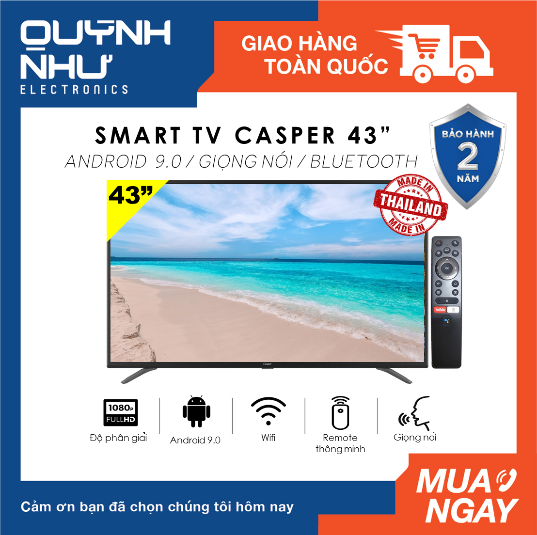 (Trả góp 0%) Smart Voice Tivi Casper 43 inch MODEL 43FG5000 / 43FG5100 / 43FG5200 (Full HD, Android 9.0, Điều khiển giọng nói, DVB-T2, Bluetooth, Chromecast built-in, Nexflix, Youtube, màu đen) - Hàng Thái Lan - Tivi giá rẻ - Bảo hành 2 năm