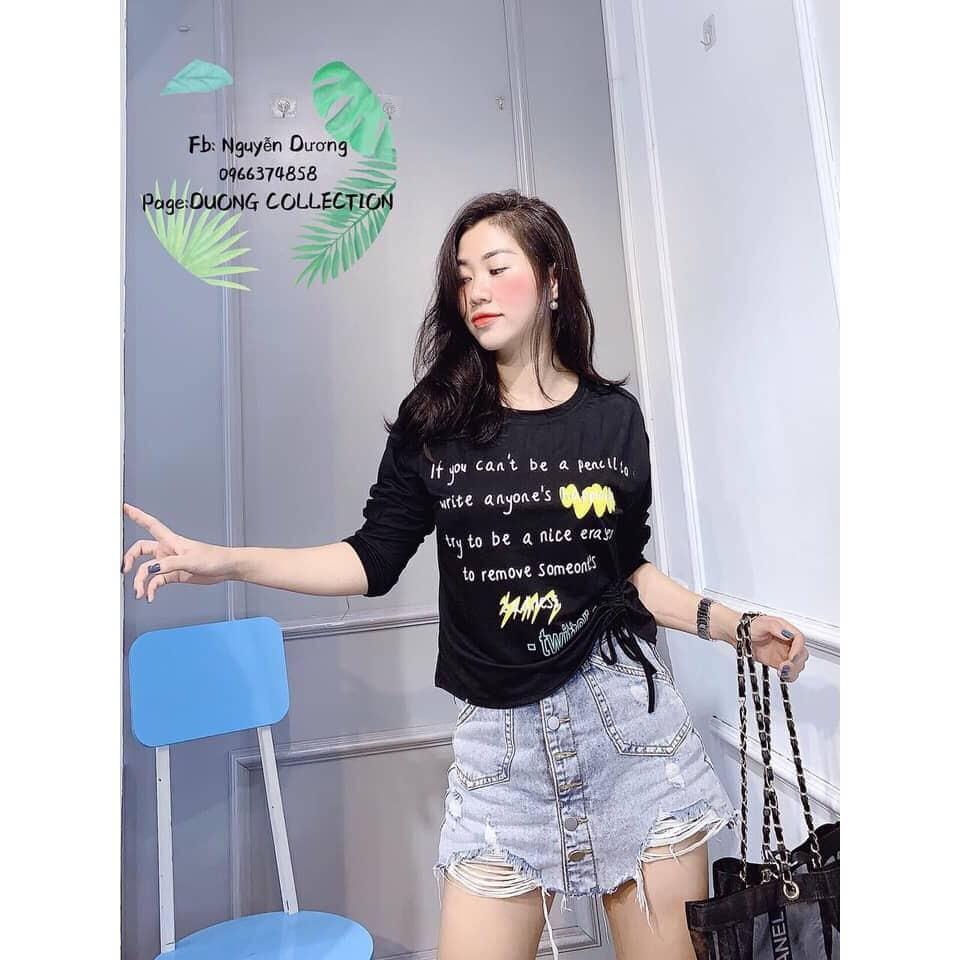 Áo thun lụa in chữ trước rút 1 bên eo cá tính TTKX0260