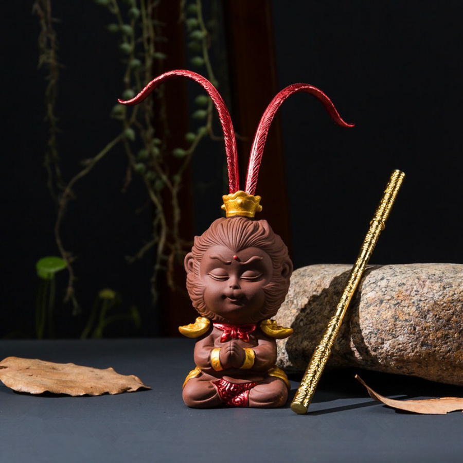 [HCM]TƯỢNG TÔN NGỘ KHÔNG RÂU THẲNG GỐM TỬ SA KÈM GẬY NHƯ Ý