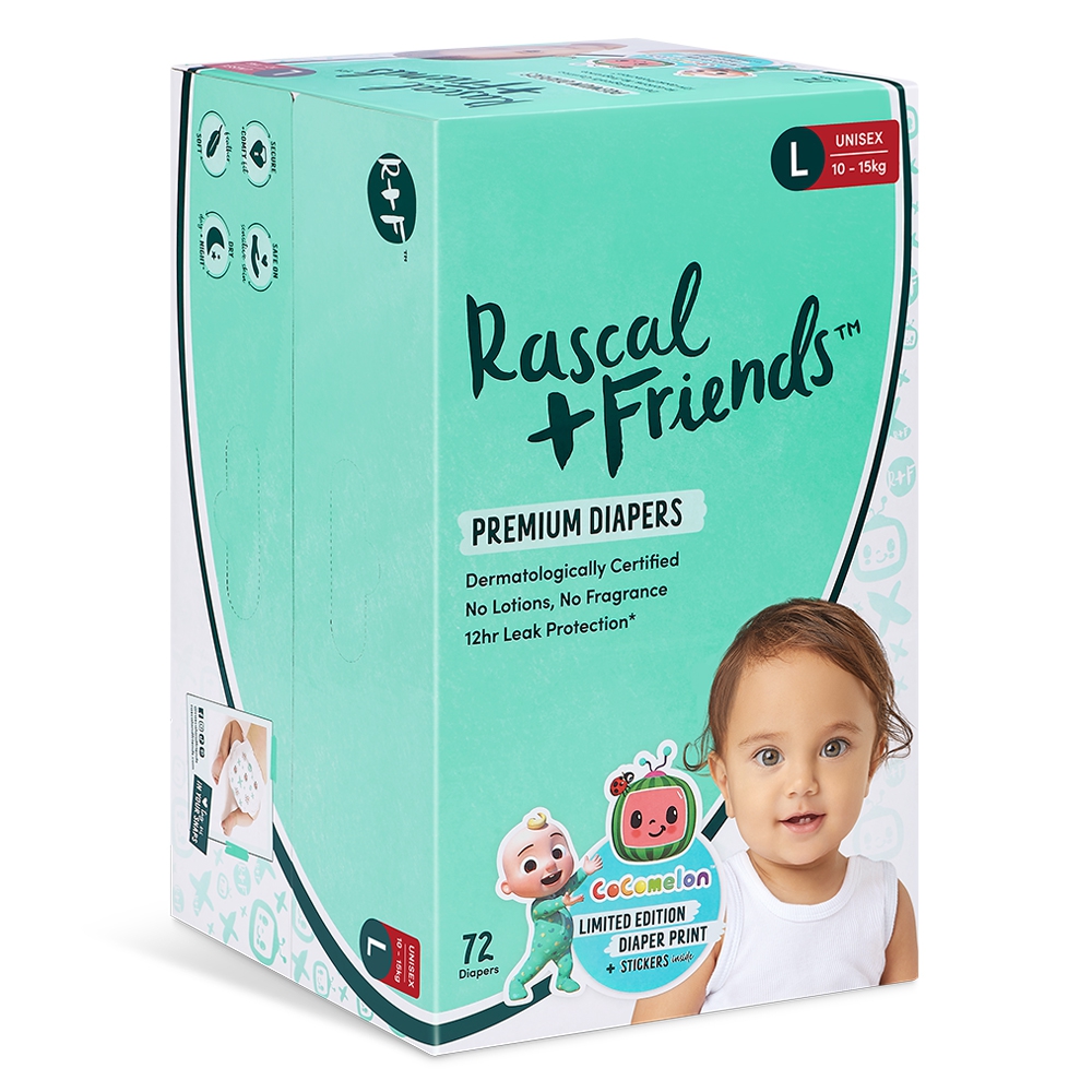 Thùng Tã dán Rascal+Friend Cocomelon (L,10-15kg, 72 miếng)