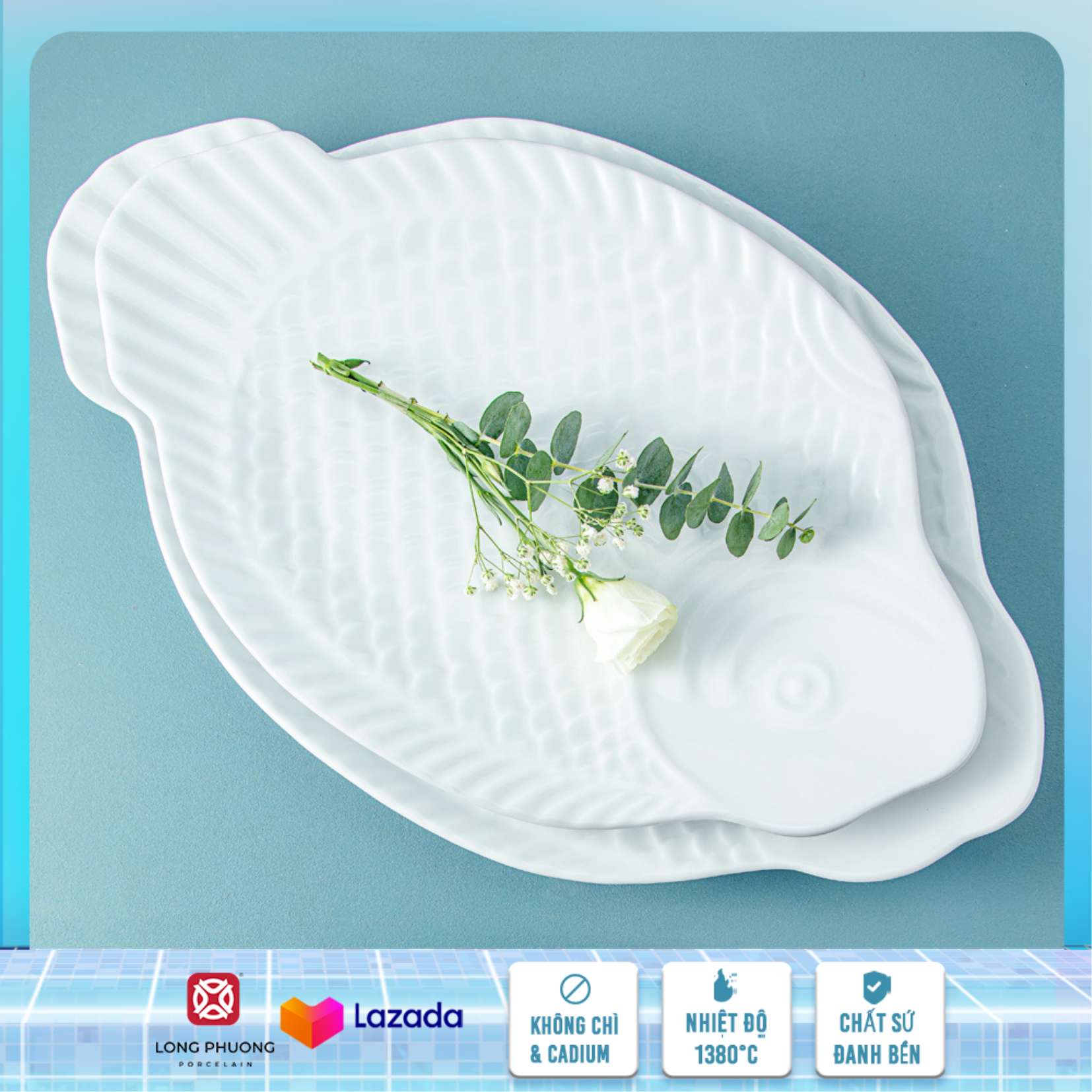 Đĩa cá hồng - đĩa sứ sâu lòng, đĩa sứ trắng bày thức ăn hình cá Long Phương