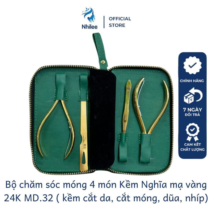 Bộ quà tặng truyền thống cao cấp Kềm Nghĩa MD32 mạ vàng 24K bộ chăm sóc móng 4 món NHILEE NL257 gồm kềm cắt da cắt móng dũa nhíp