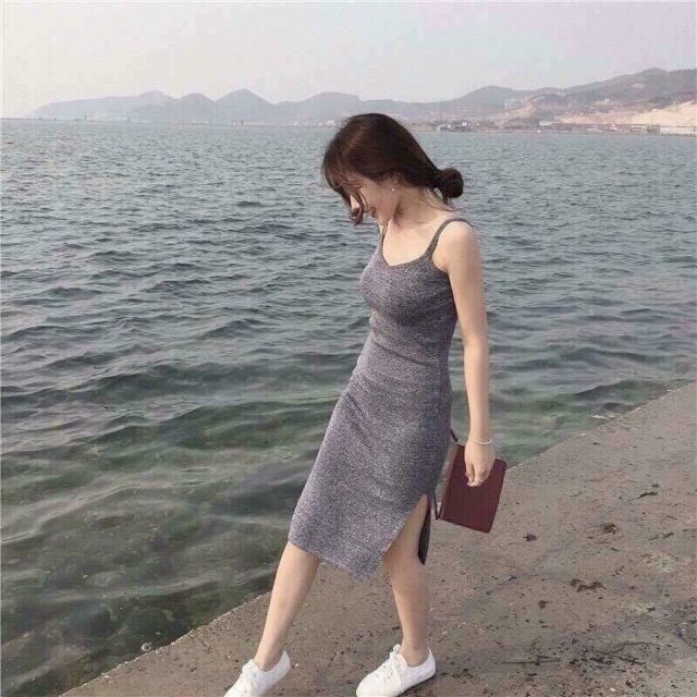 Đầm body 2 dây chất thun cotton xẻ tà sang chảnh dễ phối đồ dv-0001-thời trangtrendy