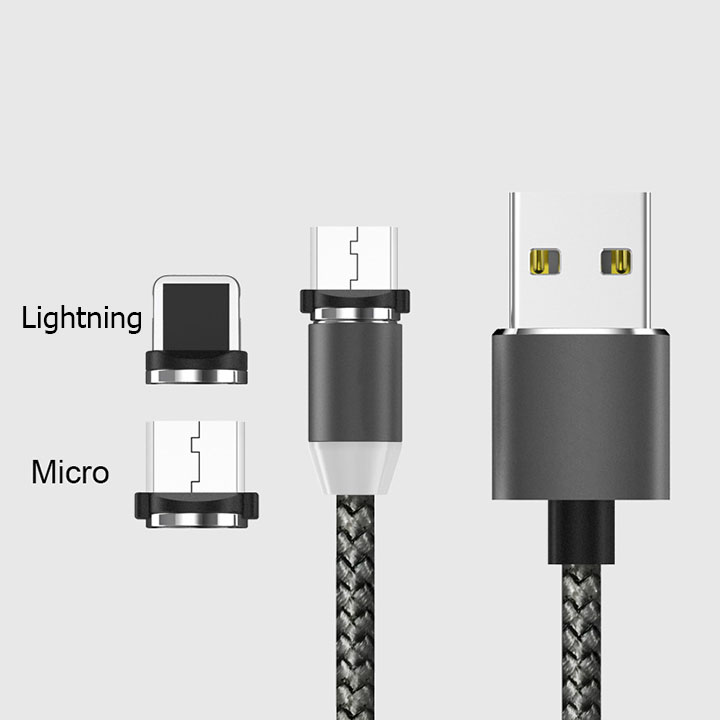 Cáp sạc từ hít nam châm 2 đầu Android và iPhone 360 độ dây dù,có LED