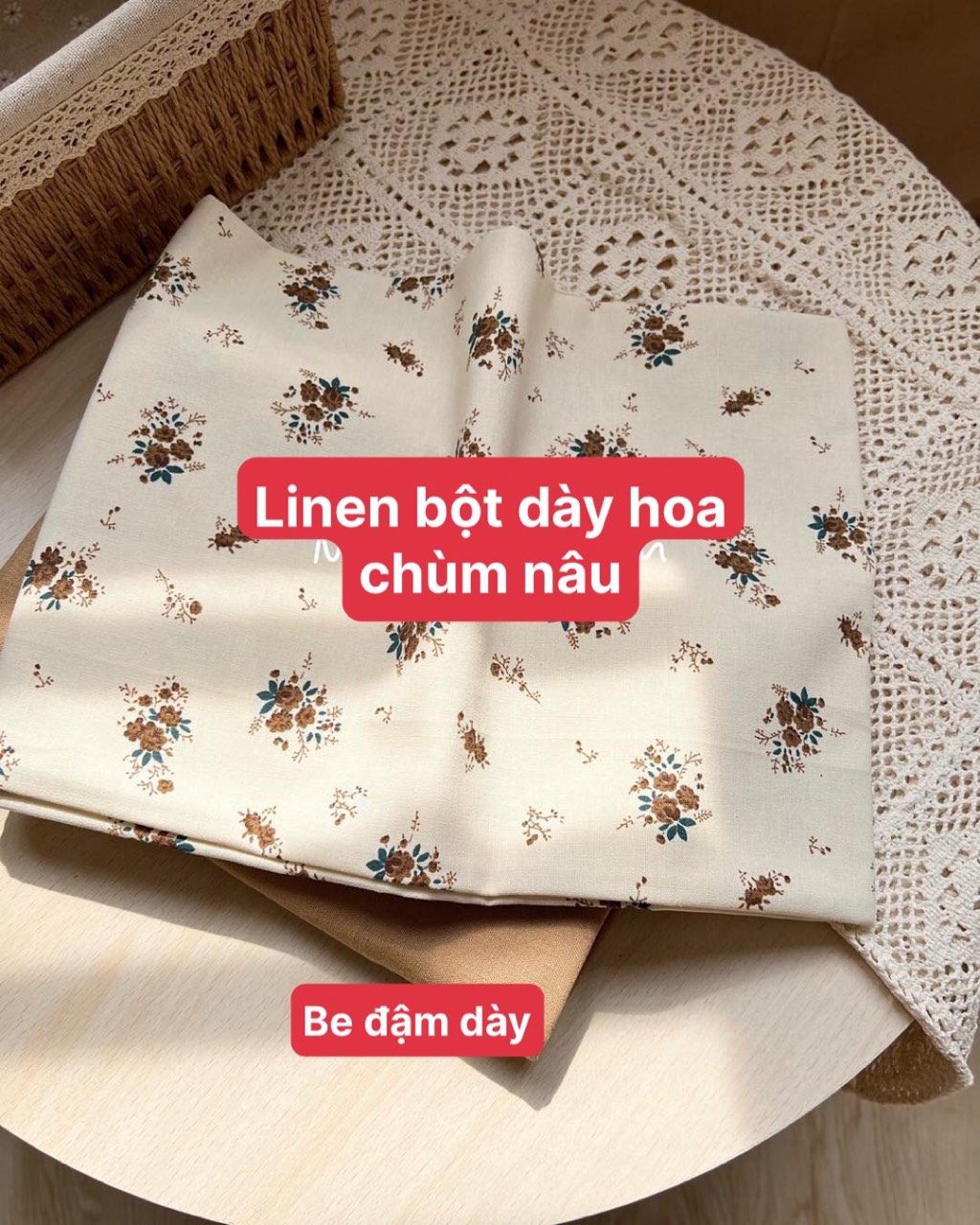Vải họa tiết Linen bột dày hoa chùm nâu - be đậm dày Nhà vải Linen