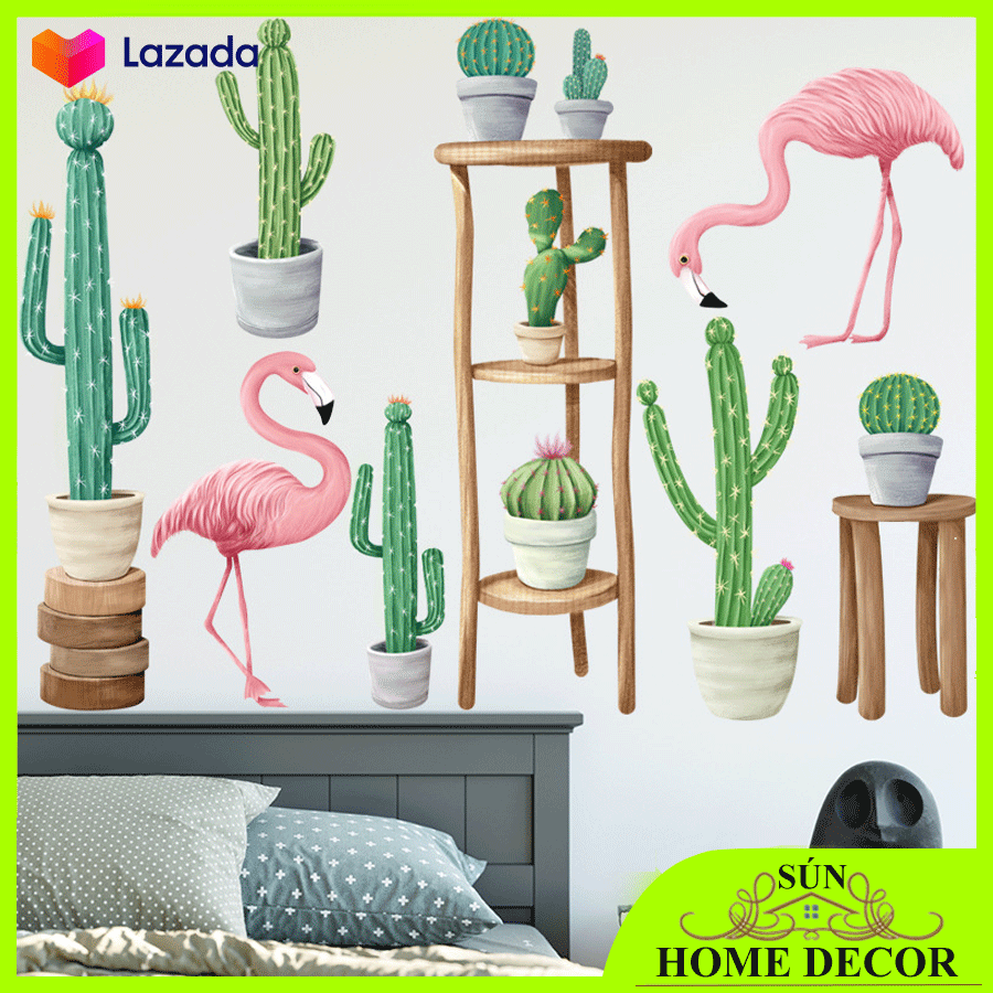 [HÀNG ĐẸP- CHỐNG THẤM NƯỚC] Decal dán tường xương rồng nhiệt đới và đôi hạc hồng may mắn, Tranh dán tường trang trí phòng khách, phòng ngủ, hàng quán...