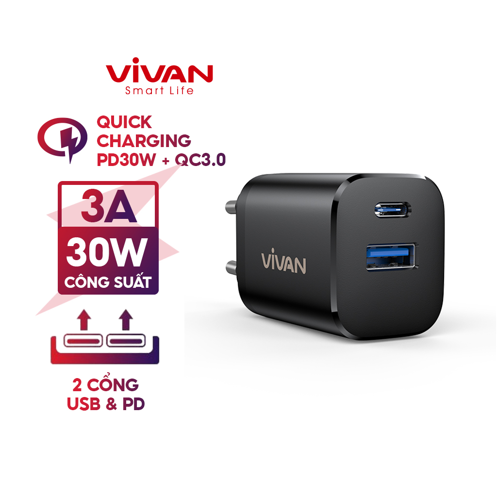 Combo sạc nhanh VIVAN 30W USB-C bộ sạc nhanh POWER SUPPER 30 2 cổng USB