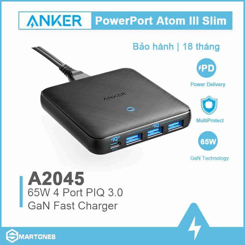 Sạc anker 4 cổng powerport atom iii slim 65w piq 3.0 & gan - a2045