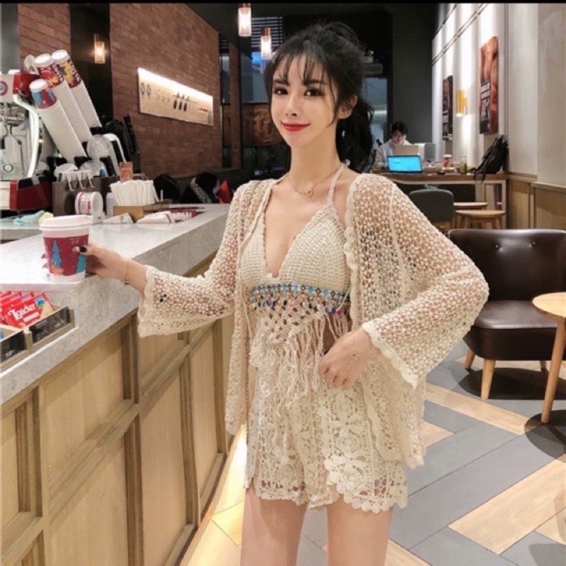 Áo bra ren đan móc kiểu yếm tua rua
