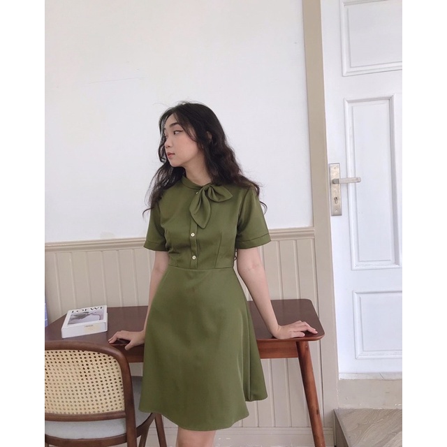[3-5/8 Hoàn Tiền 25%]Đầm nơ cổ phối màu