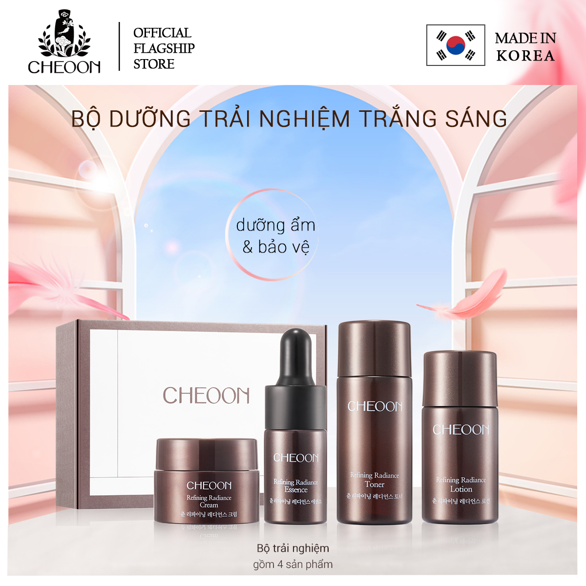 Bộ sản phẩm dưỡng ẩm cho làn da mềm mịn,chiết xuất từ thiên nhiên CHEOON- Refining Radiance Special Kit (Lotion chất dưỡng ẩm 15ml+Tái tạo da Essence 6ml+Kem dưỡng da Cream 8g+Toner tinh chất cân bằng da 25ml)