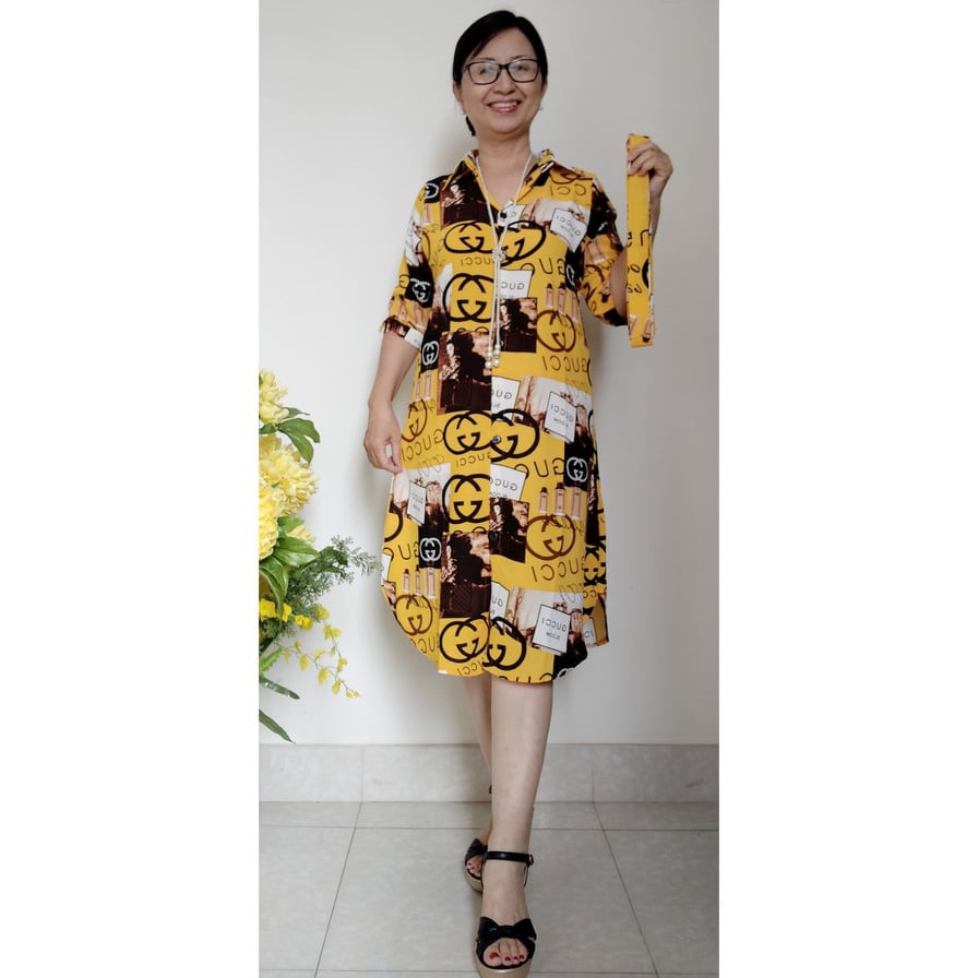 Đầm Trung Niên - Kiểu Sơ Mi  - Vải Lụa Đũi - Size 48KG - 75KG
