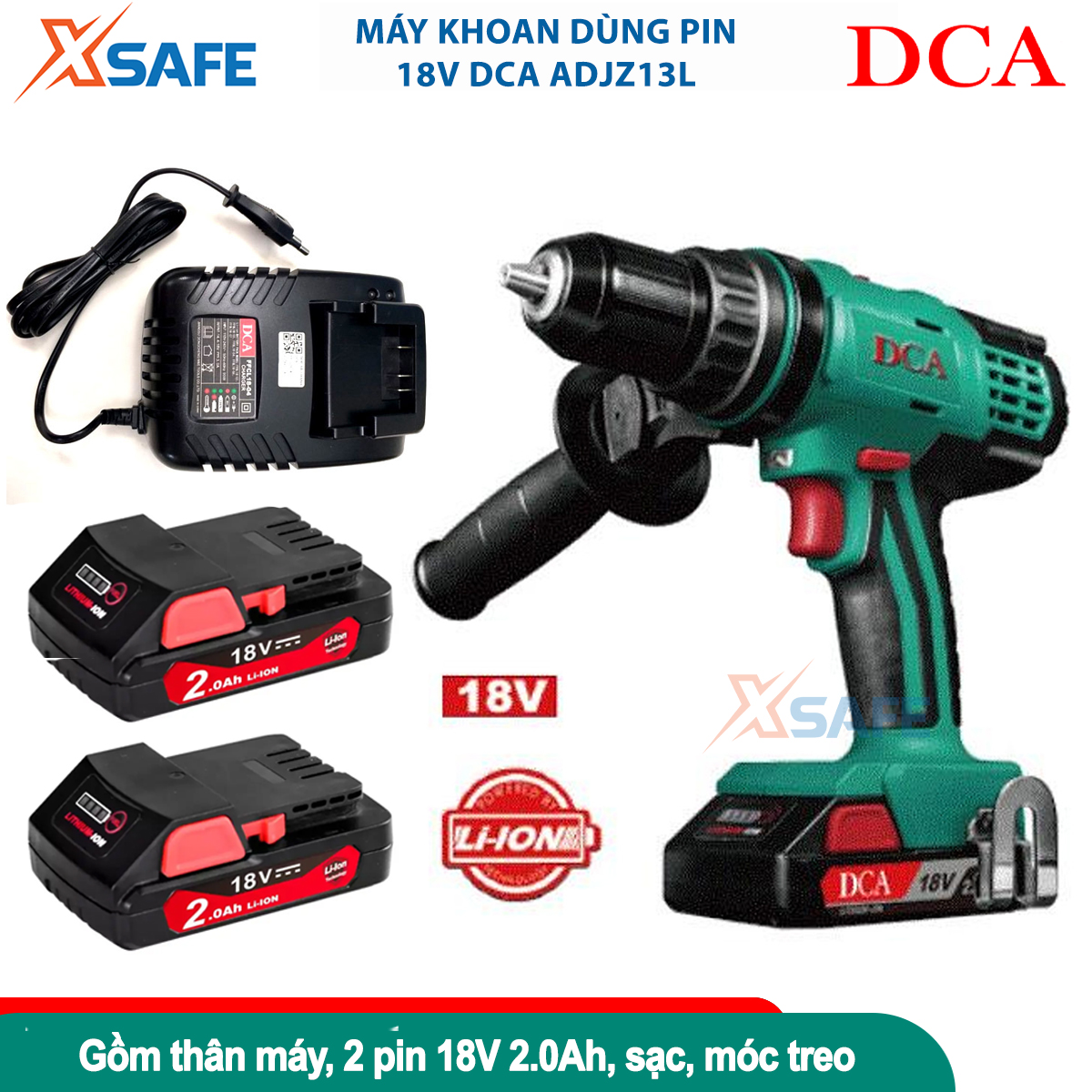 Máy khoan động lực dùng pin 18V DCA ADJZ13 máy khoan 3 chức năng khoan gạch 14mm, khoan gỗ 38mm, khoan sắt 13mm, lực xoắn tối đa 70N/m, tốc độ không tải 0-400 v/p, máy khoan dùng pin 18V/2.0Ah x 2