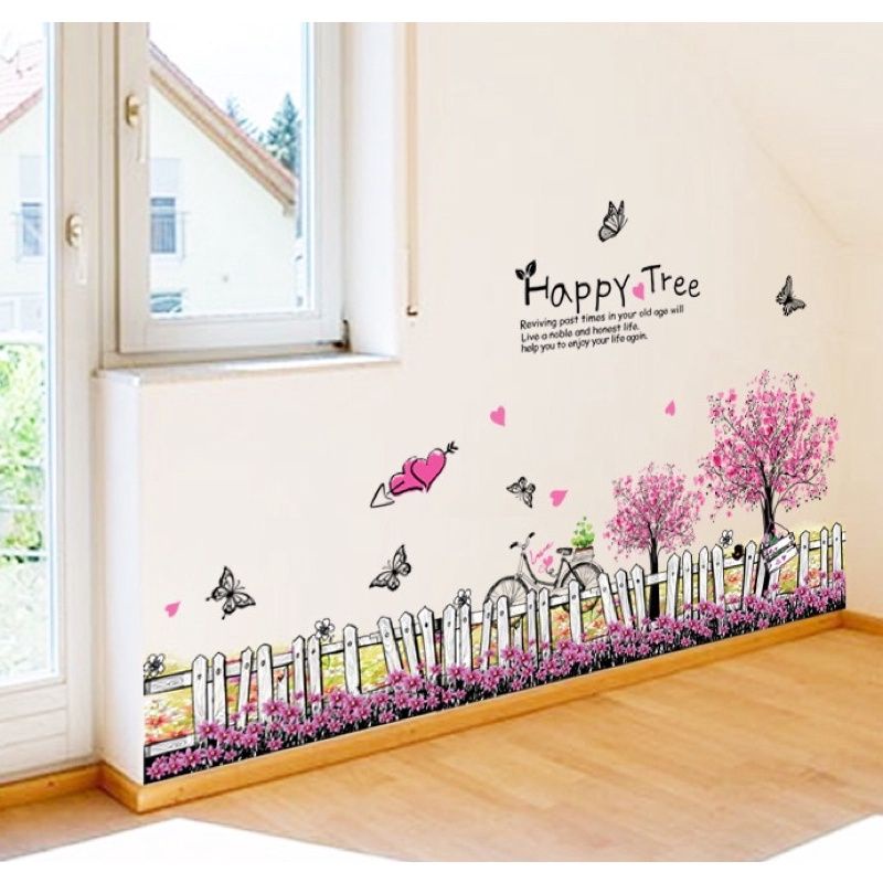 Decal dán chân tường hàng rào hoa tím