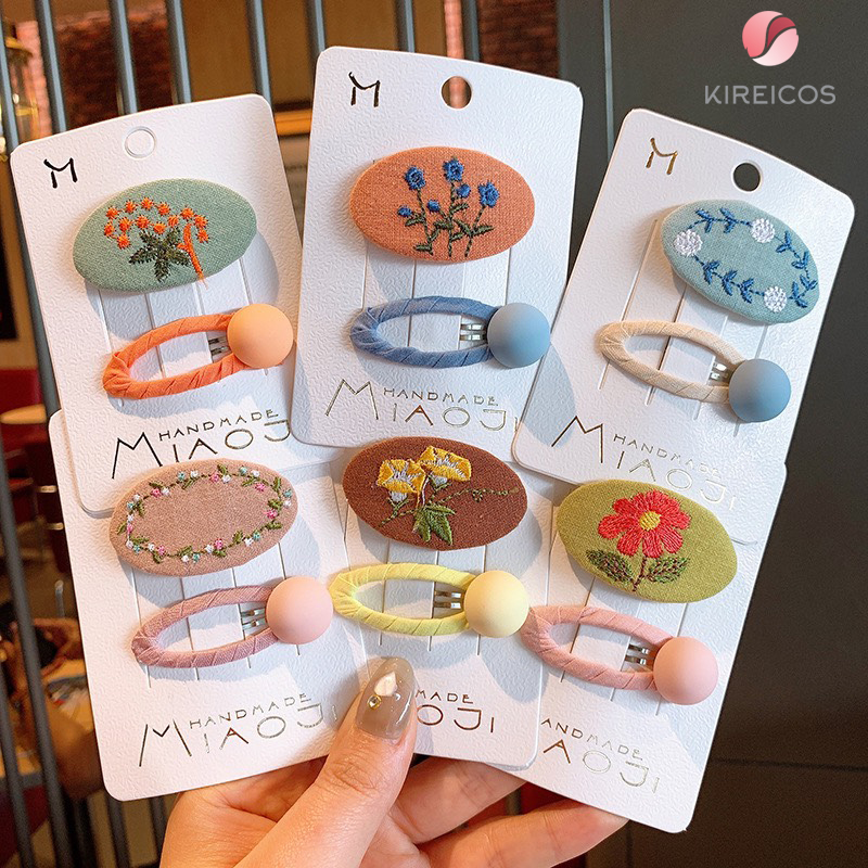 [HCM]Set 2 Kẹp Tóc Thêu Hoa Và Kẹp Bấm Tóc Màu Macaroon - kireicos