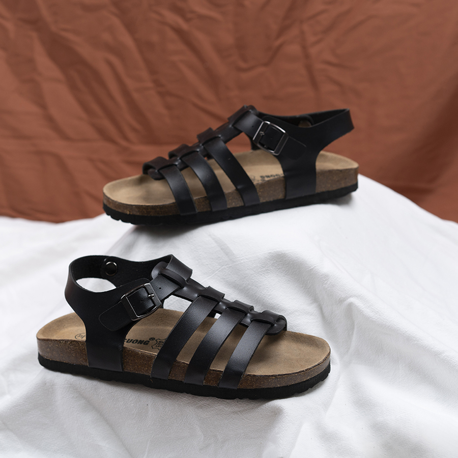 Giày Sandal đế trấu unisex chiến binh da pu đen