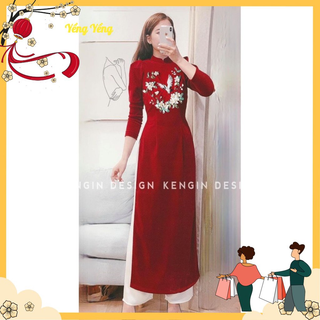 Snu31 - set áo dài nhung đỏ thêu chim hoa nổi