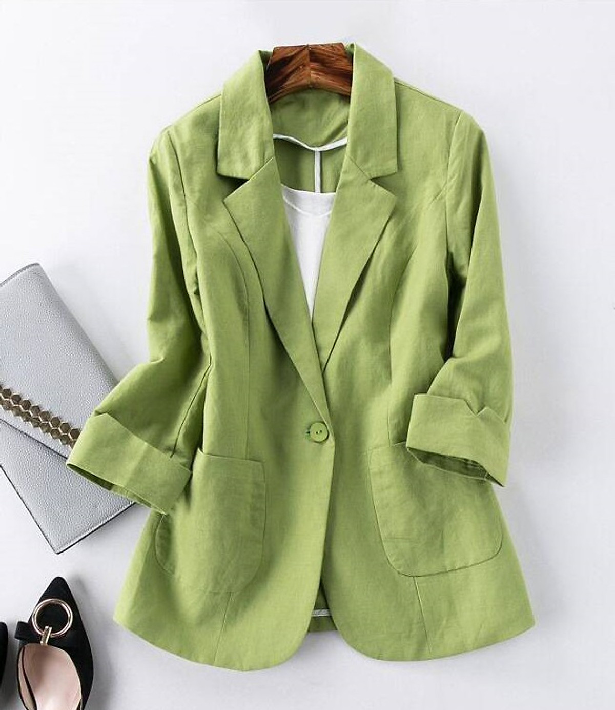 Áo khoác vest blazer nữ tay lỡ sắn túi hộp, chất vải Linen thô Prenium (Xanh cốm), có 5 màu lựa chọn
