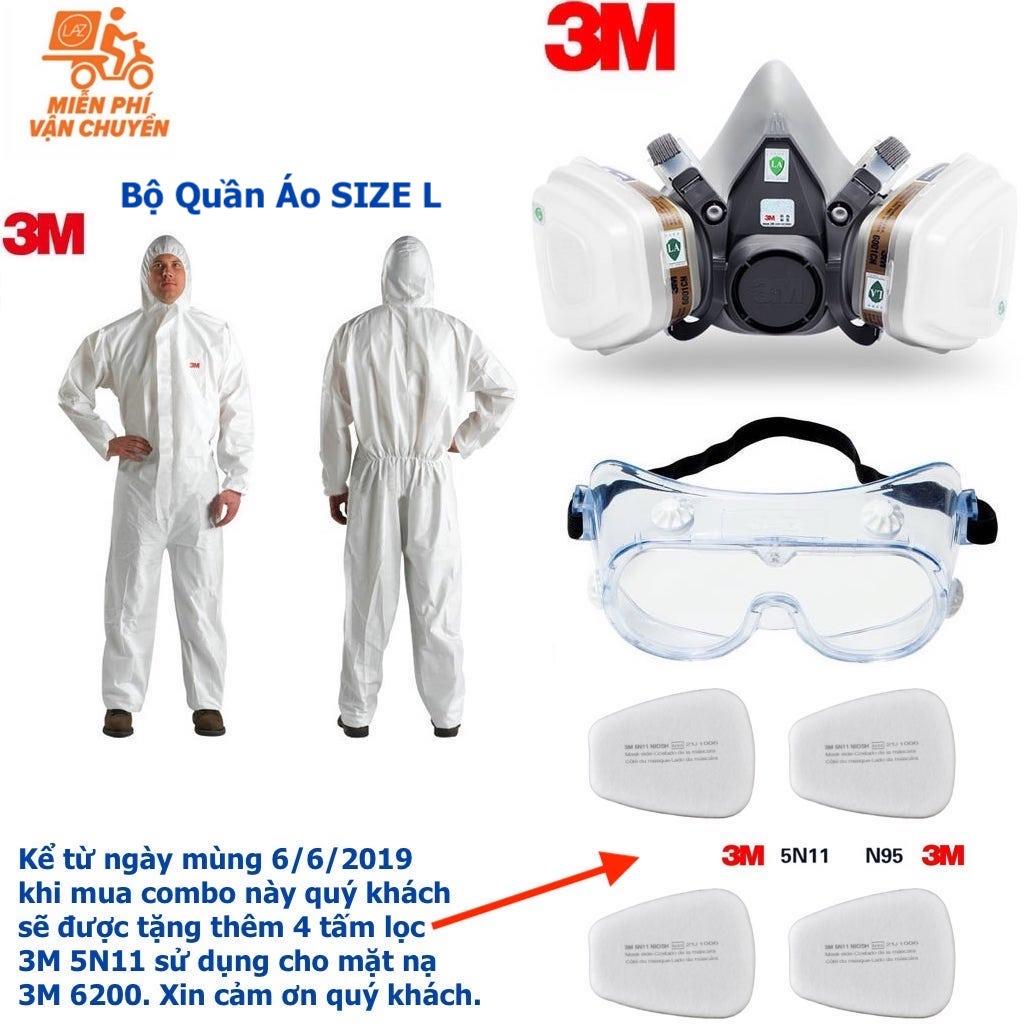 Combo Quần Áo chống hoá chất 3M 4515 hoặc DeltaPlus + mặt nạ phòng độc 3M 6200, kính chống hoá chất 3M 334 dùng phun sơn, phun thuốc trừ sâu, chống bụi công nghiệp môi trường độc hại